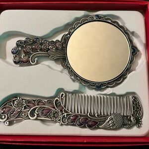 Elegant Silver Mirror and Comb Set with Purple Accents